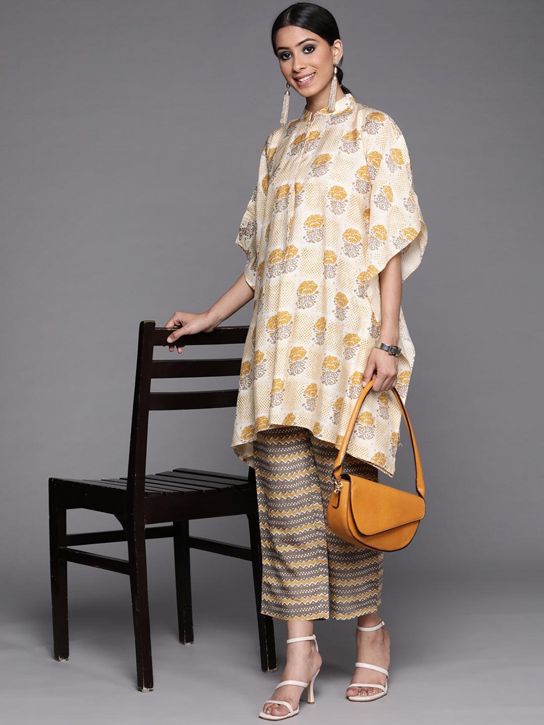 Yellow Printed Silk Kurta Set