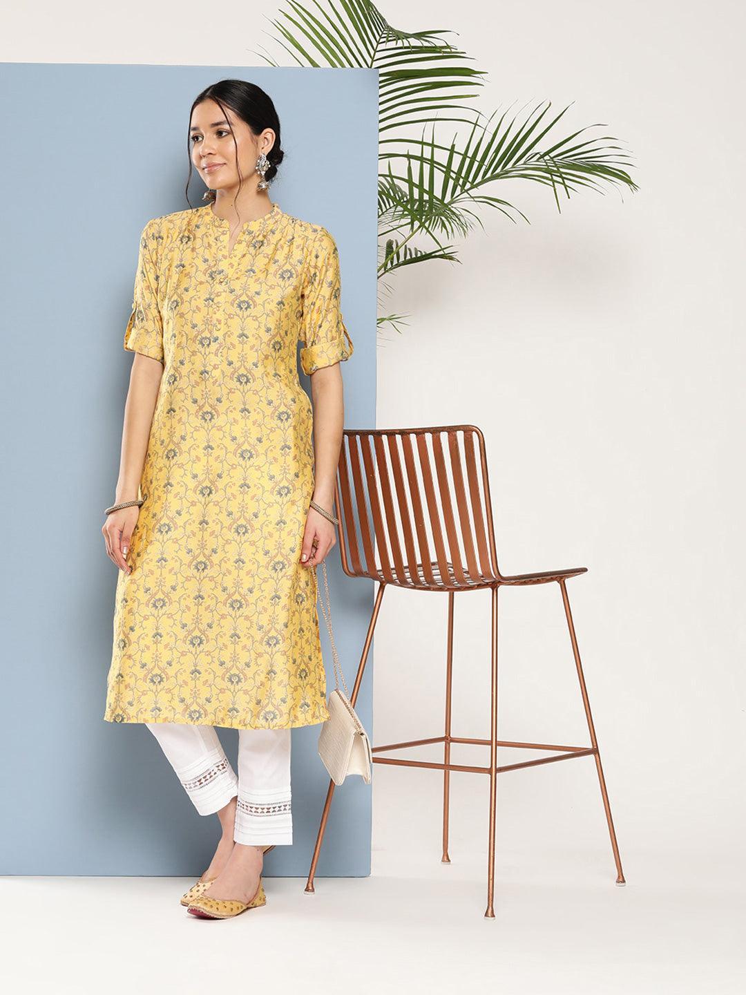 Yellow Printed Silk Straight Kurta