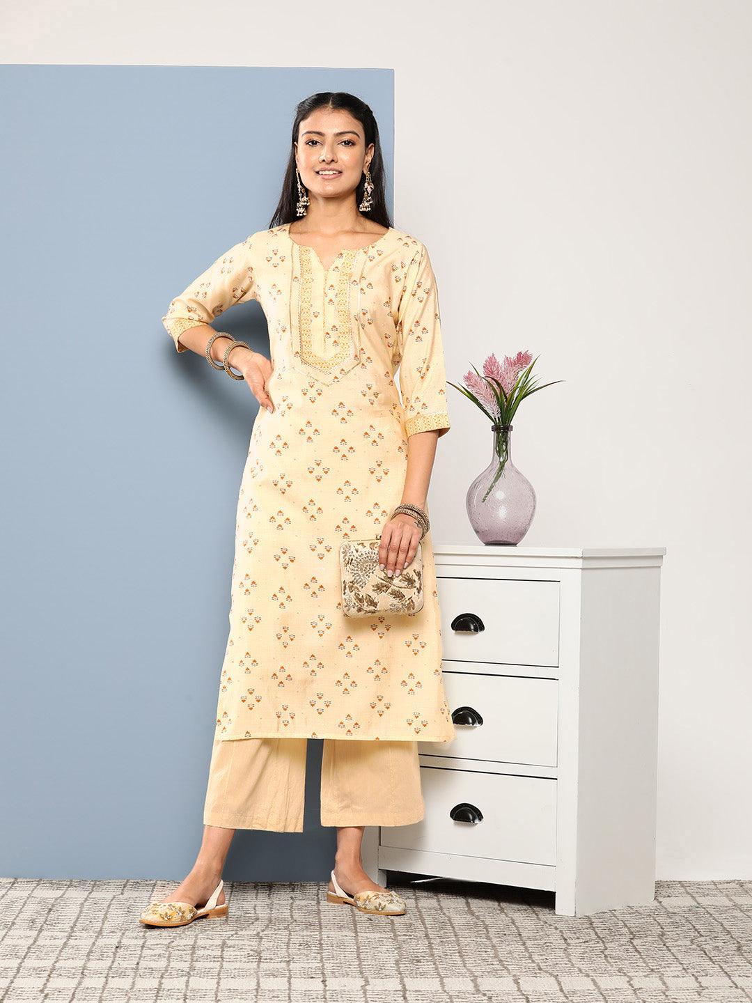 Yellow Printed Silk Straight Kurta - ShopLibas