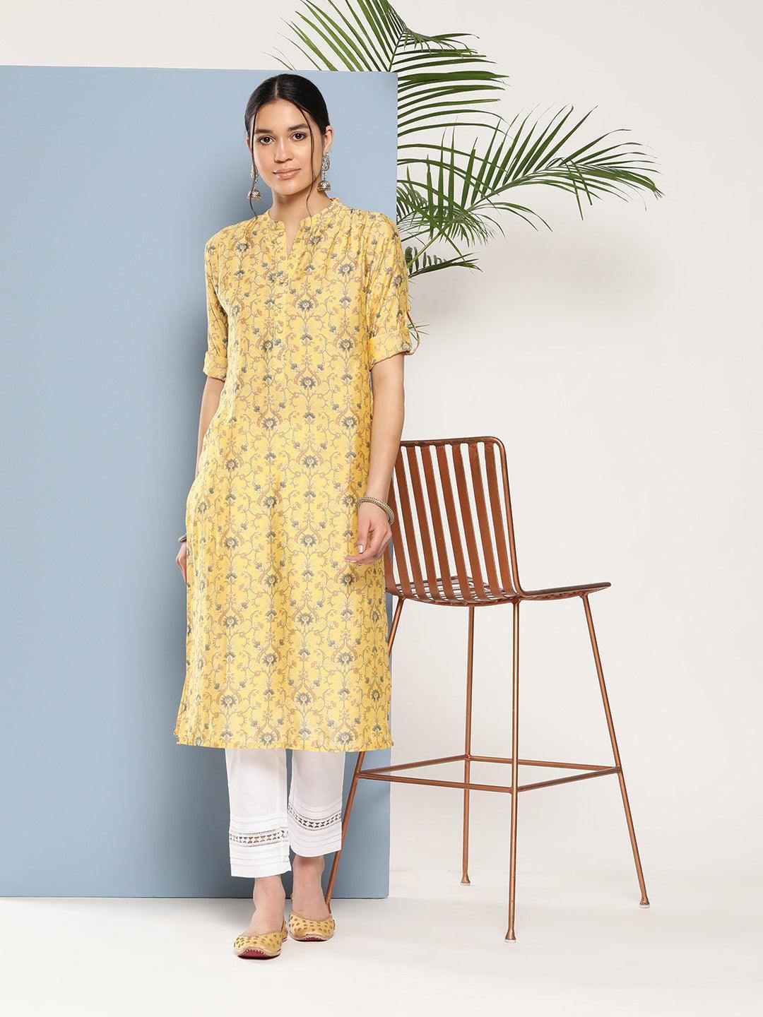 Yellow Printed Silk Straight Kurta