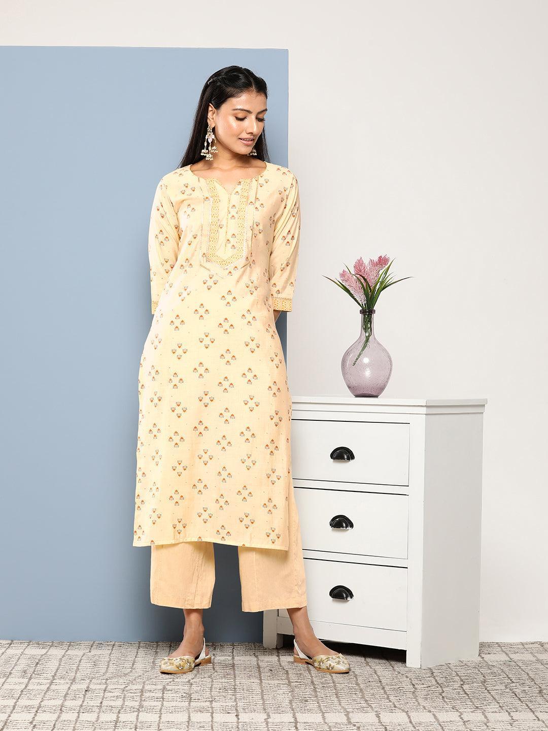 Yellow Printed Silk Straight Kurta