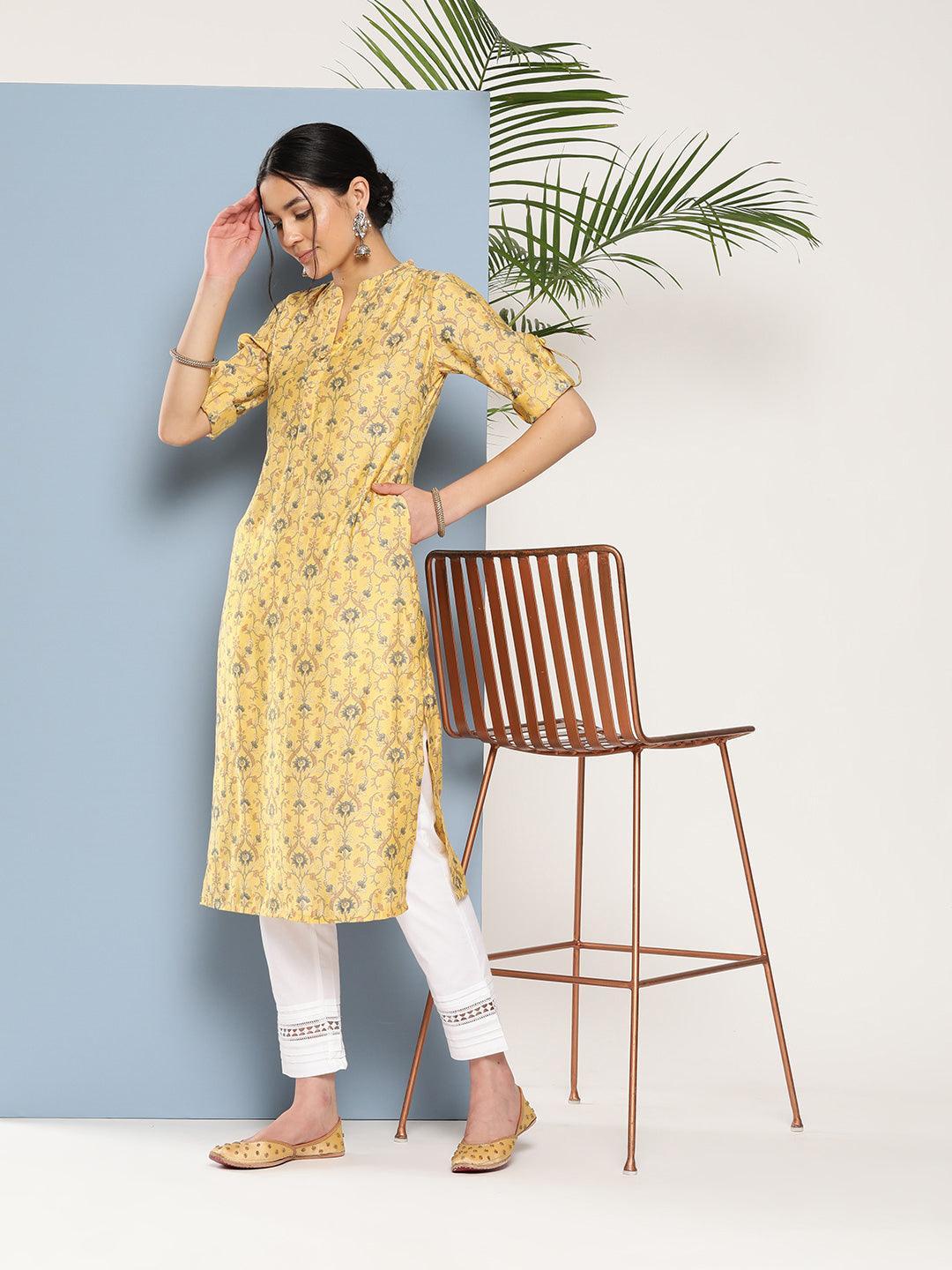 Yellow Printed Silk Straight Kurta