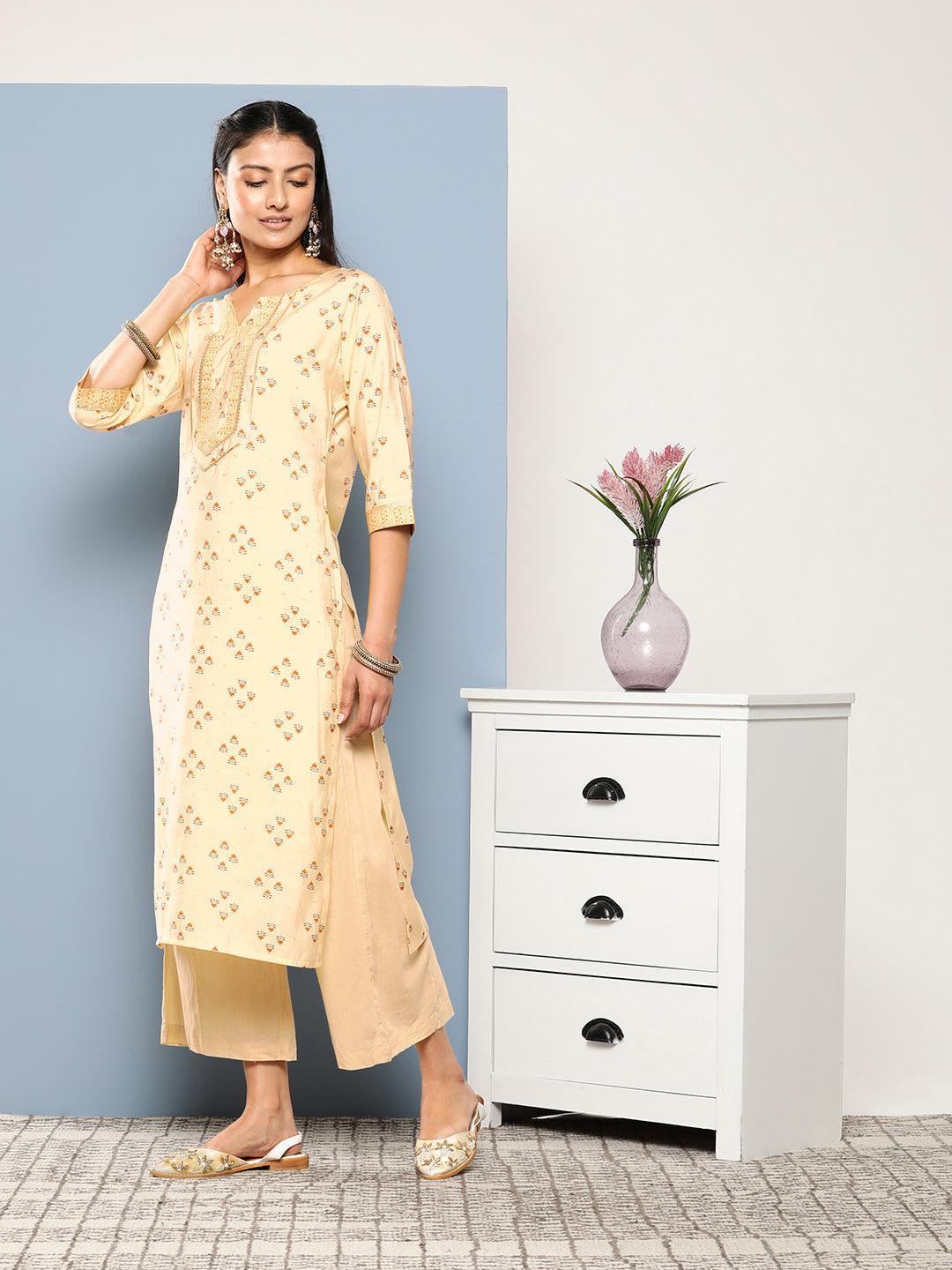 Yellow Printed Silk Straight Kurta - ShopLibas