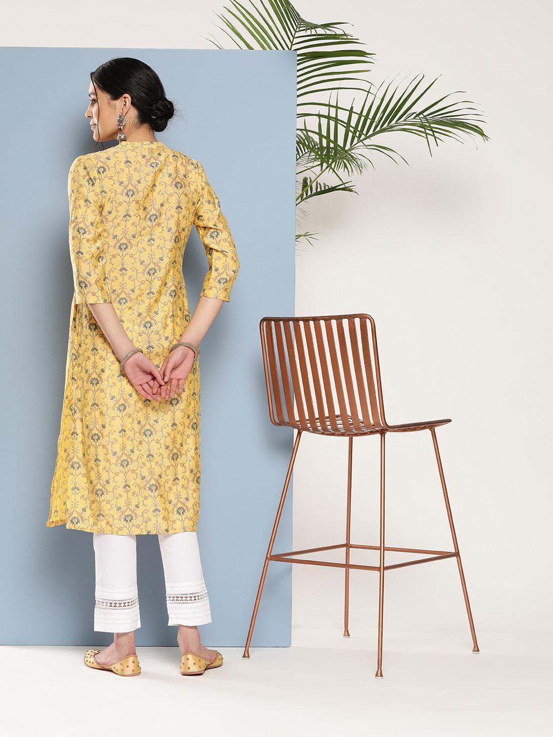 Yellow Printed Silk Straight Kurta