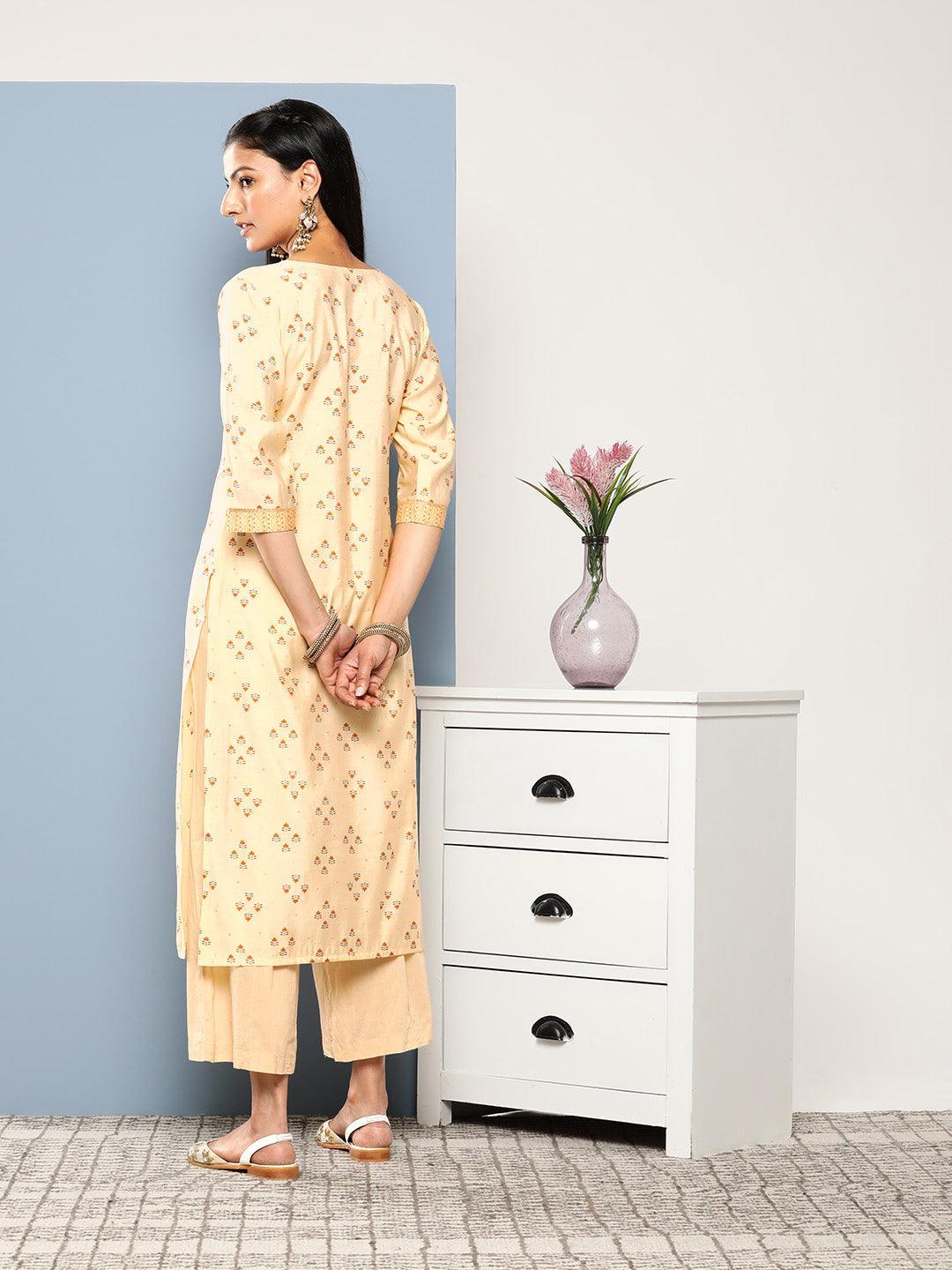 Yellow Printed Silk Straight Kurta