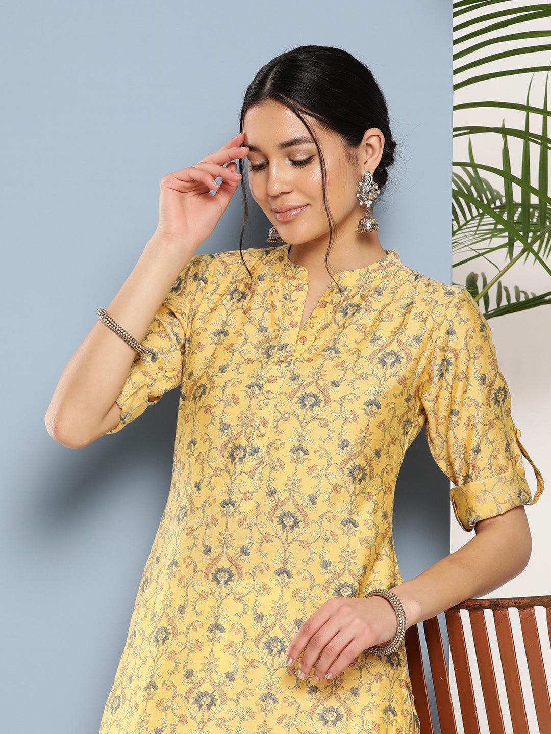 Yellow Printed Silk Straight Kurta