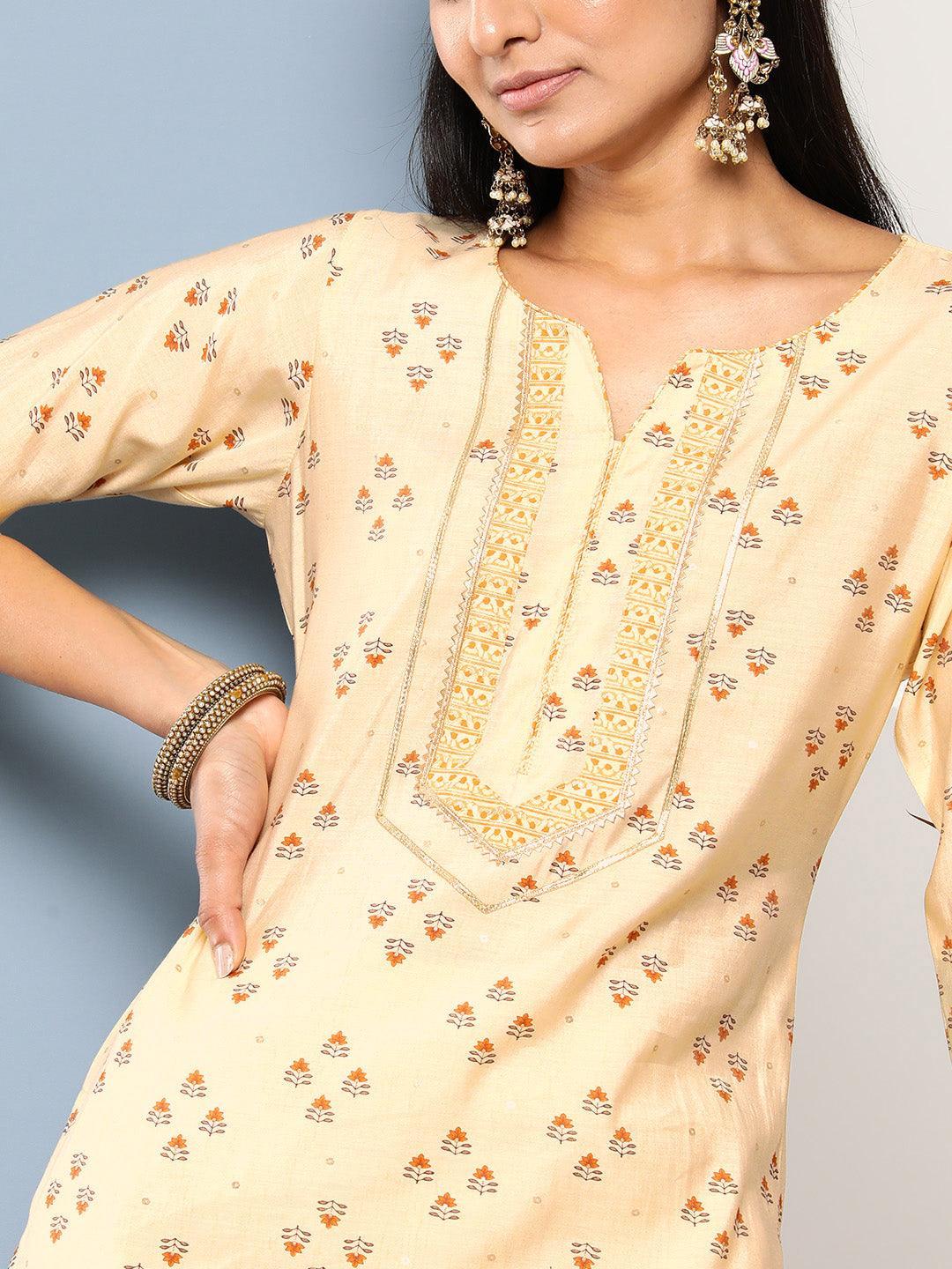 Yellow Printed Silk Straight Kurta - ShopLibas