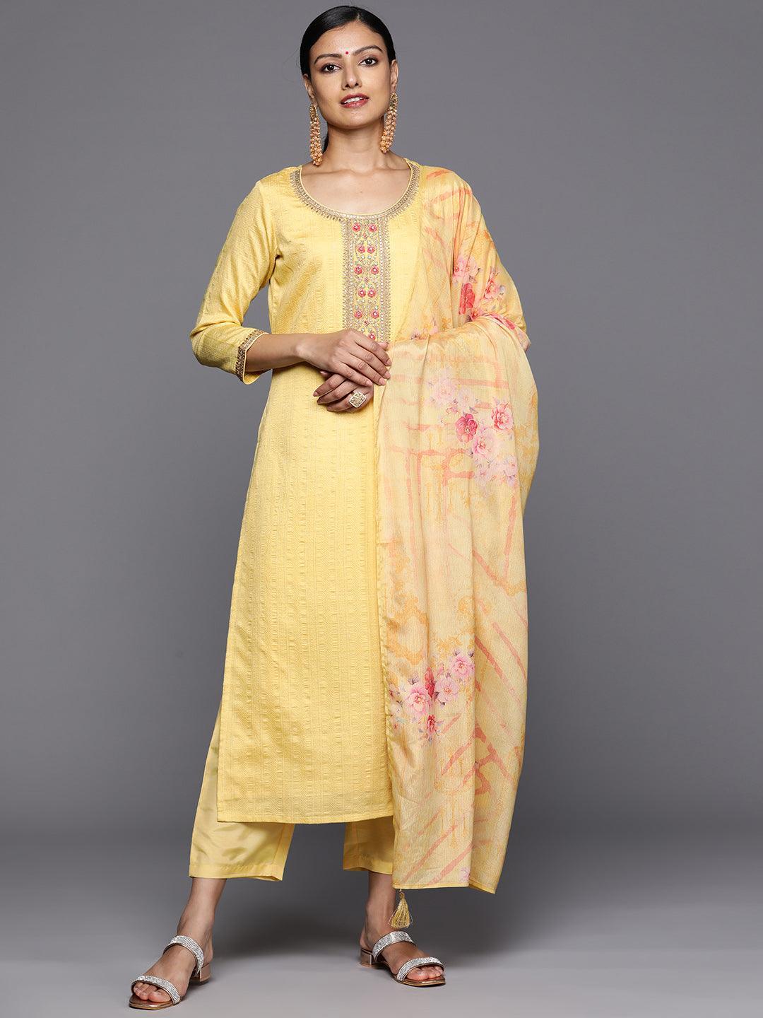 Yellow Self Design Rayon Straight Kurta With Trousers & Dupatta