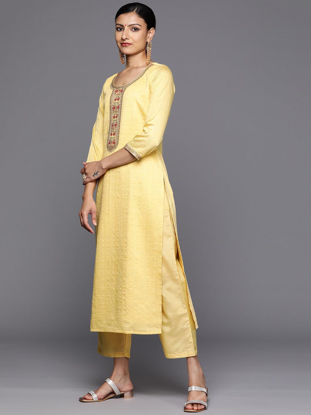 Yellow Self Design Rayon Straight Kurta With Trousers & Dupatta