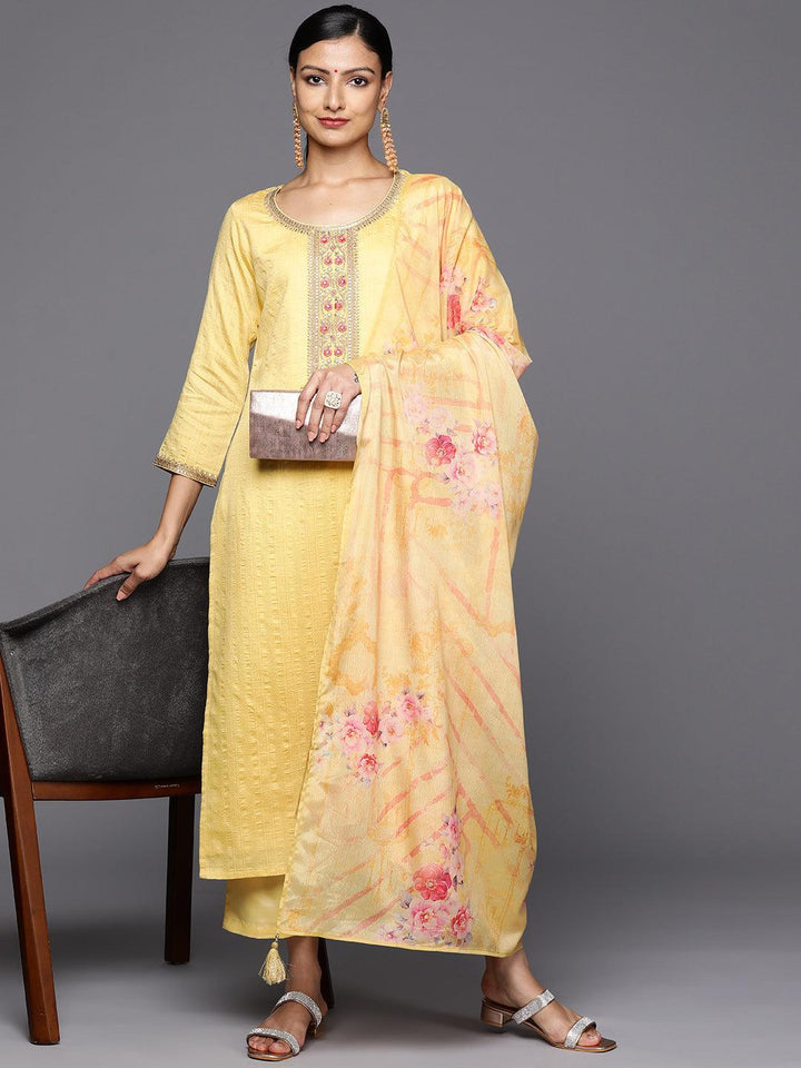 Yellow Self Design Rayon Straight Kurta With Trousers & Dupatta - Libas