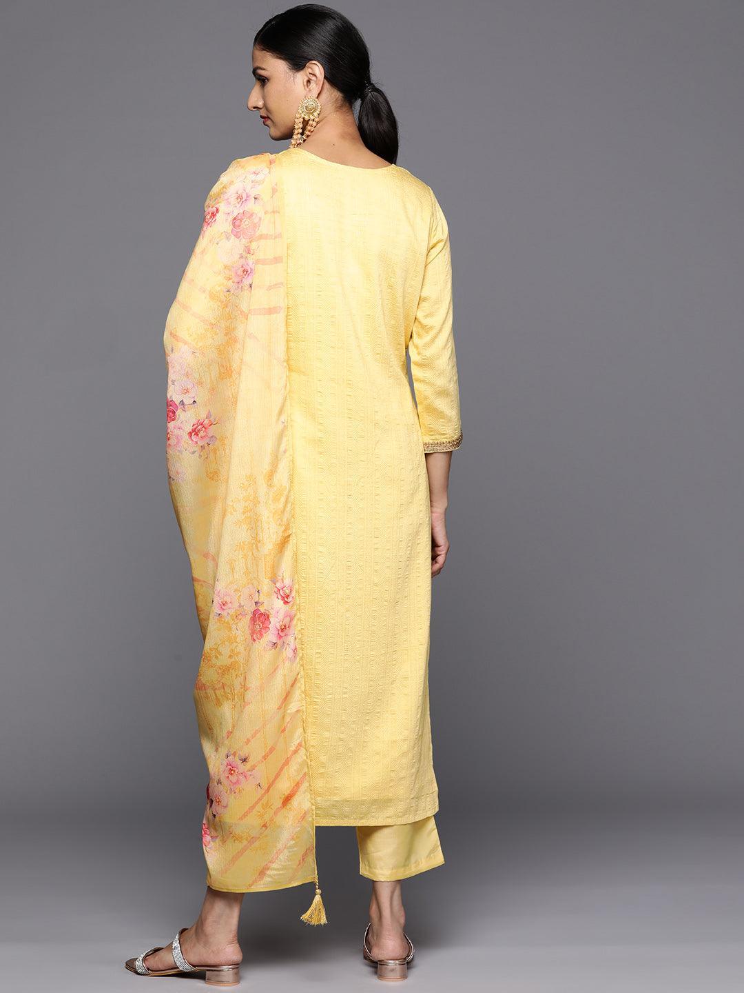 Yellow Self Design Rayon Straight Kurta With Trousers & Dupatta