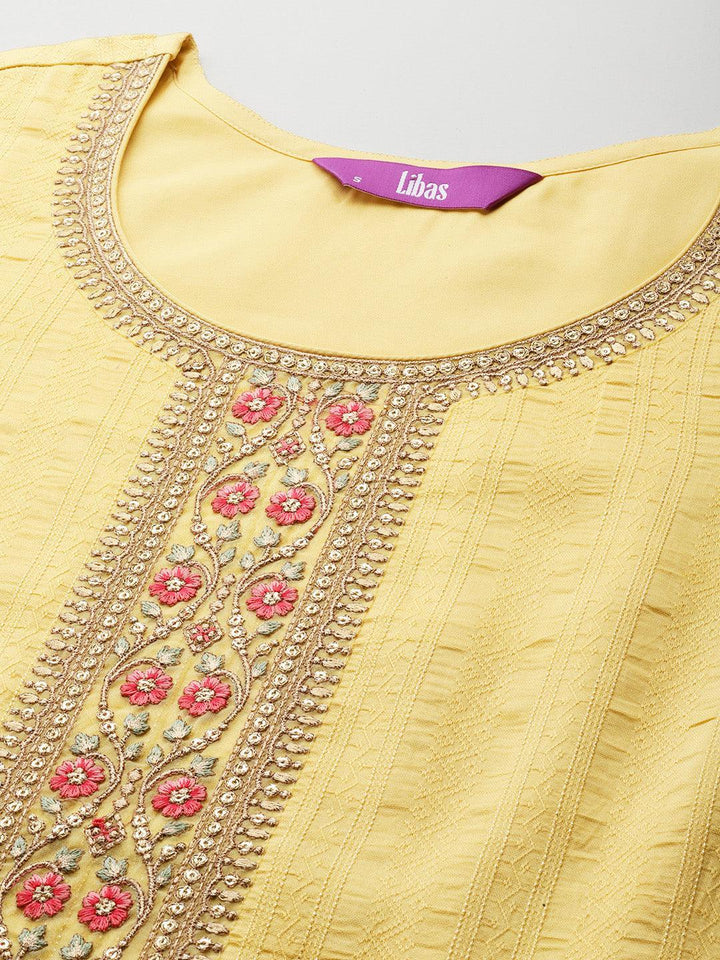 Yellow Self Design Rayon Straight Kurta With Trousers & Dupatta - Libas