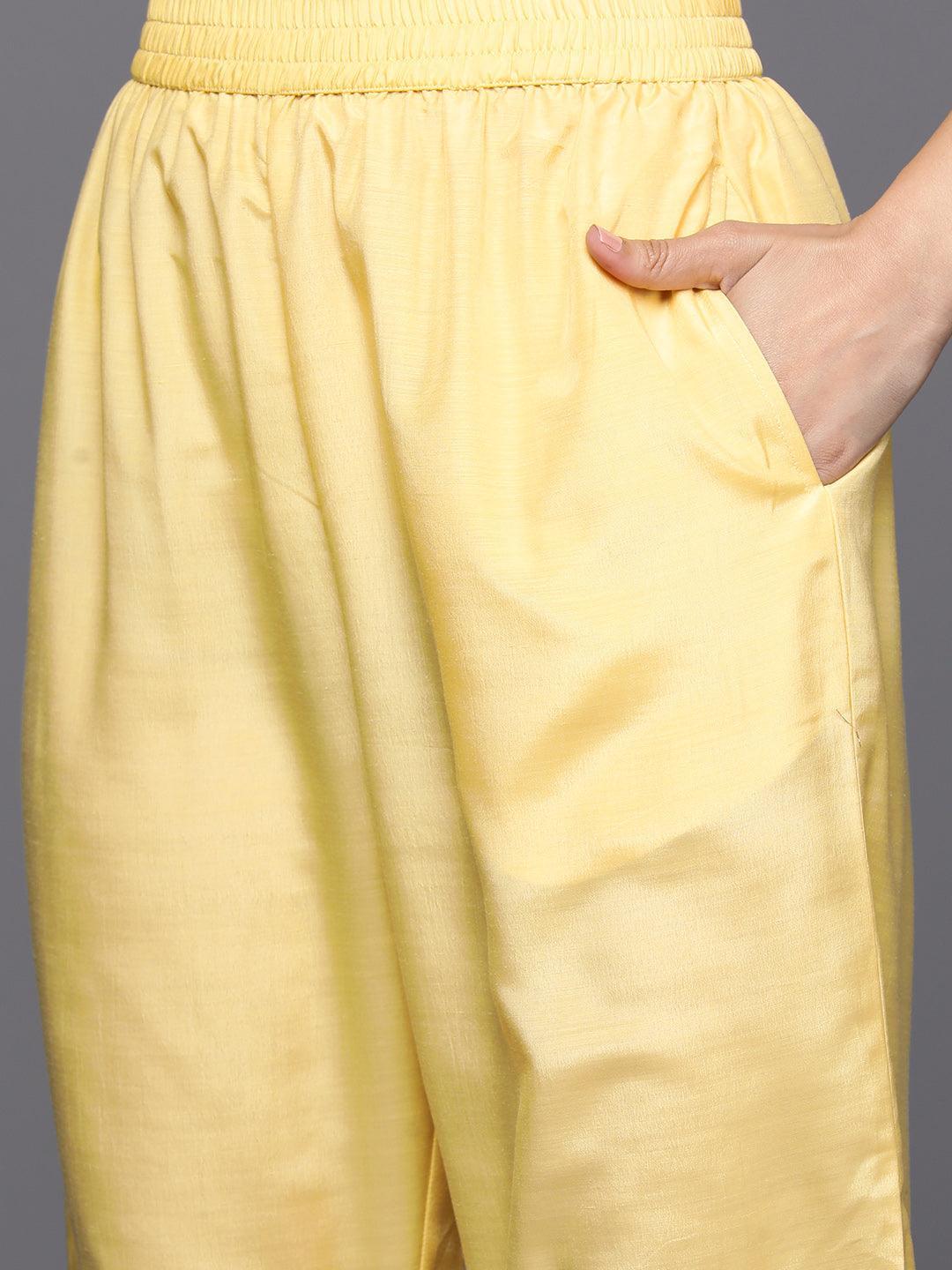 Yellow Self Design Rayon Straight Kurta With Trousers & Dupatta