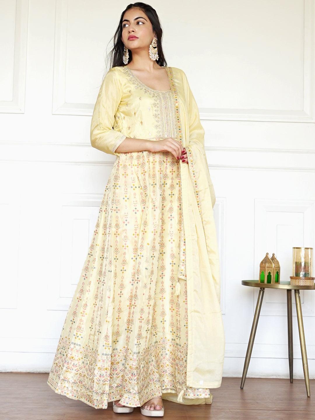 Yellow Self Design Silk Anarkali Suit Set