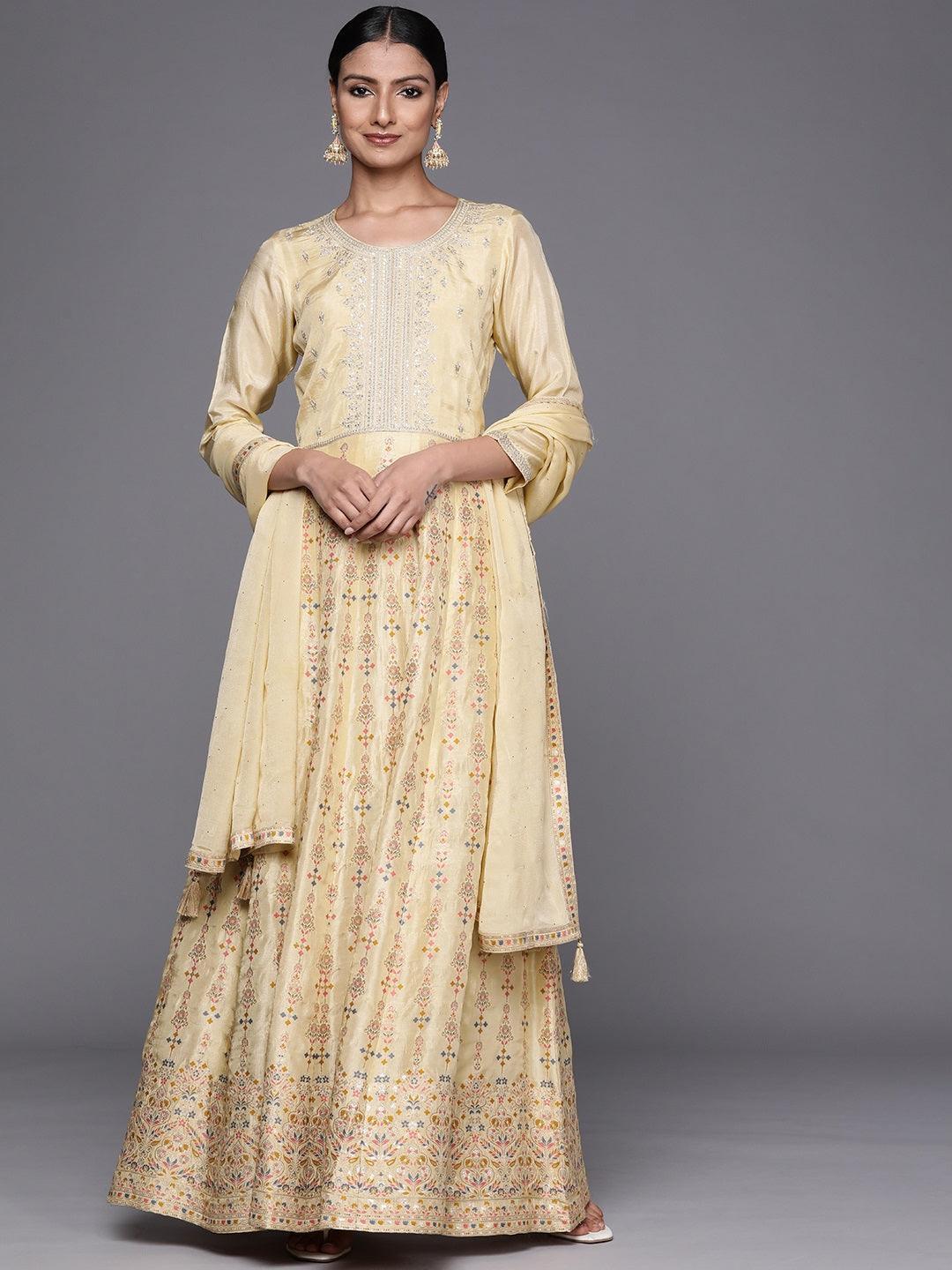 Yellow Self Design Silk Anarkali Suit Set