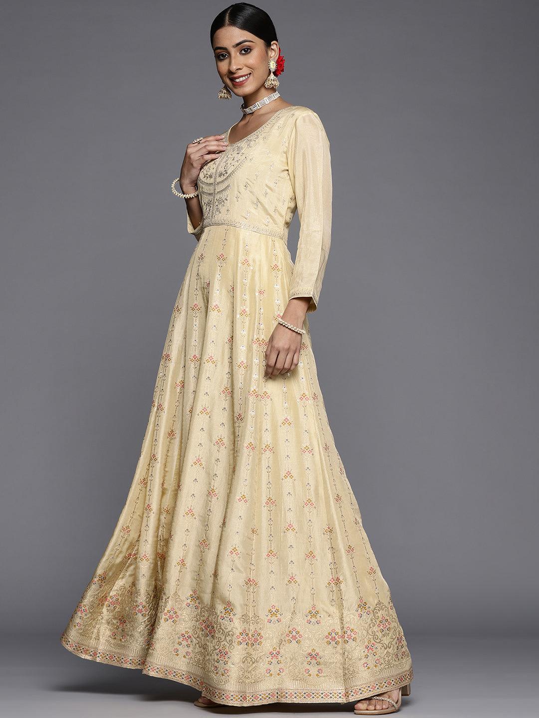 Yellow Self Design Silk Anarkali Suit Set