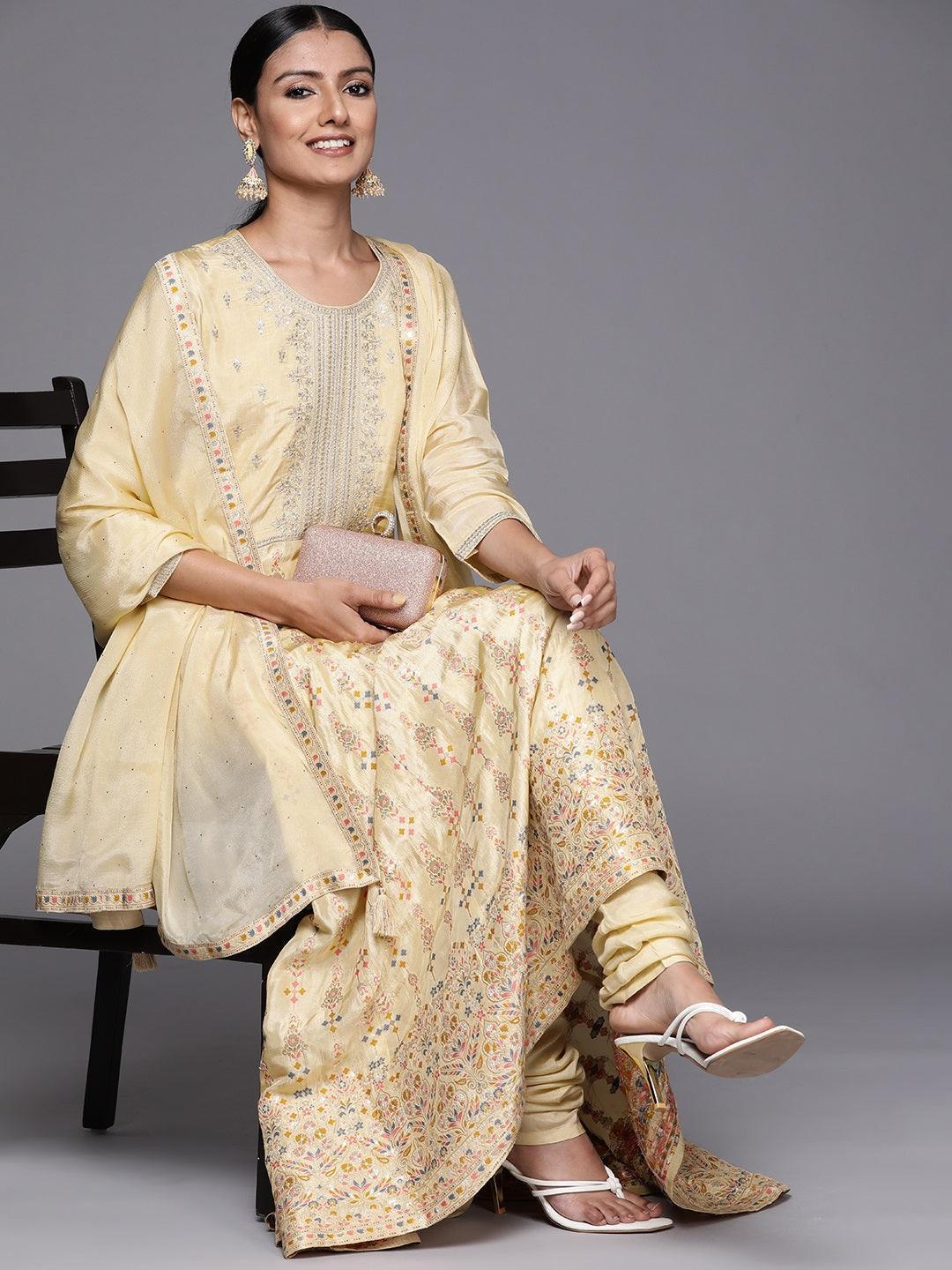 Yellow Self Design Silk Anarkali Suit Set