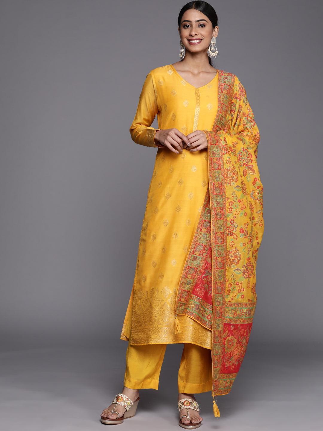 Yellow Self Design Silk Blend Straight Suit Set