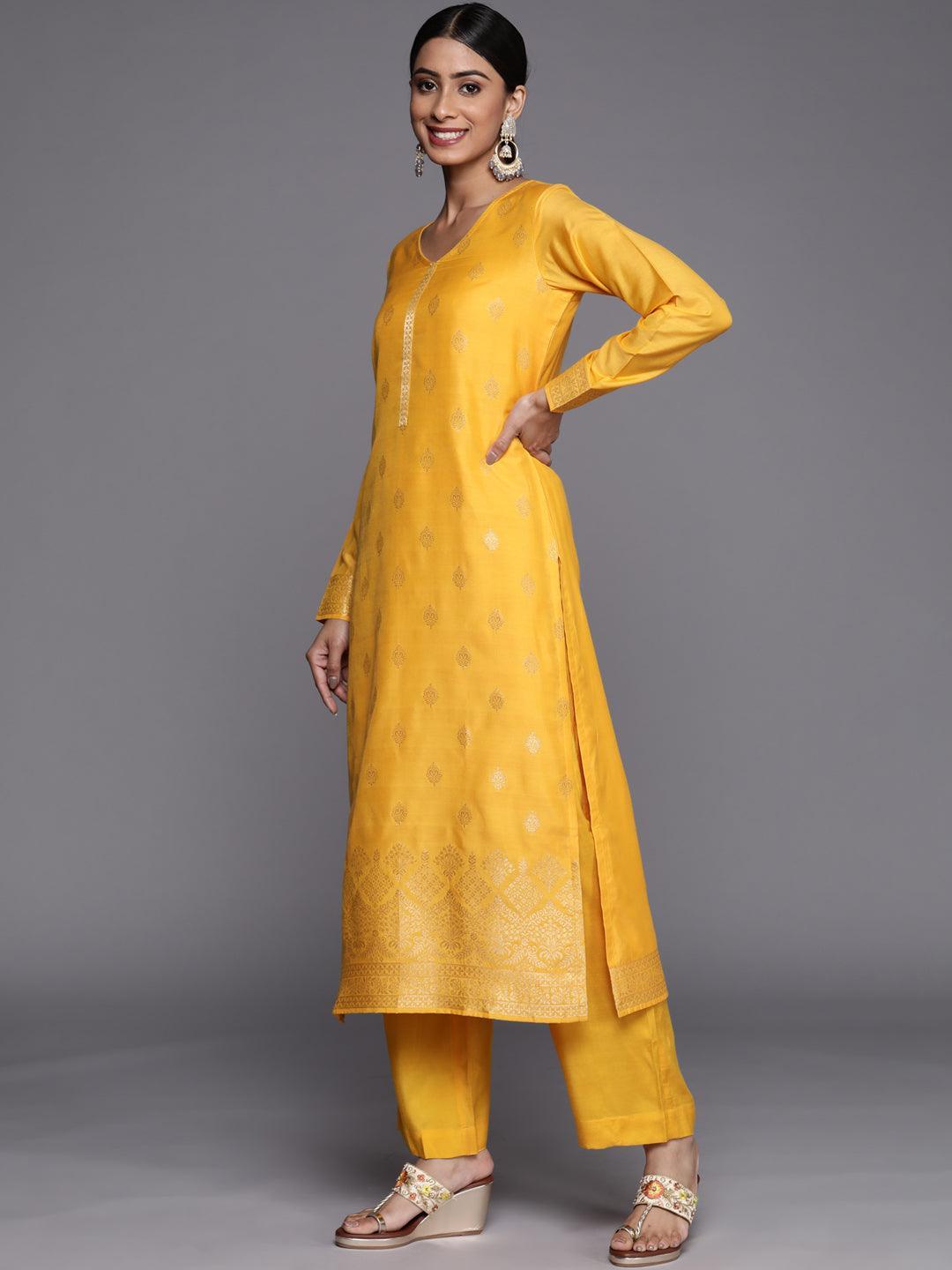 Yellow Self Design Silk Blend Straight Suit Set