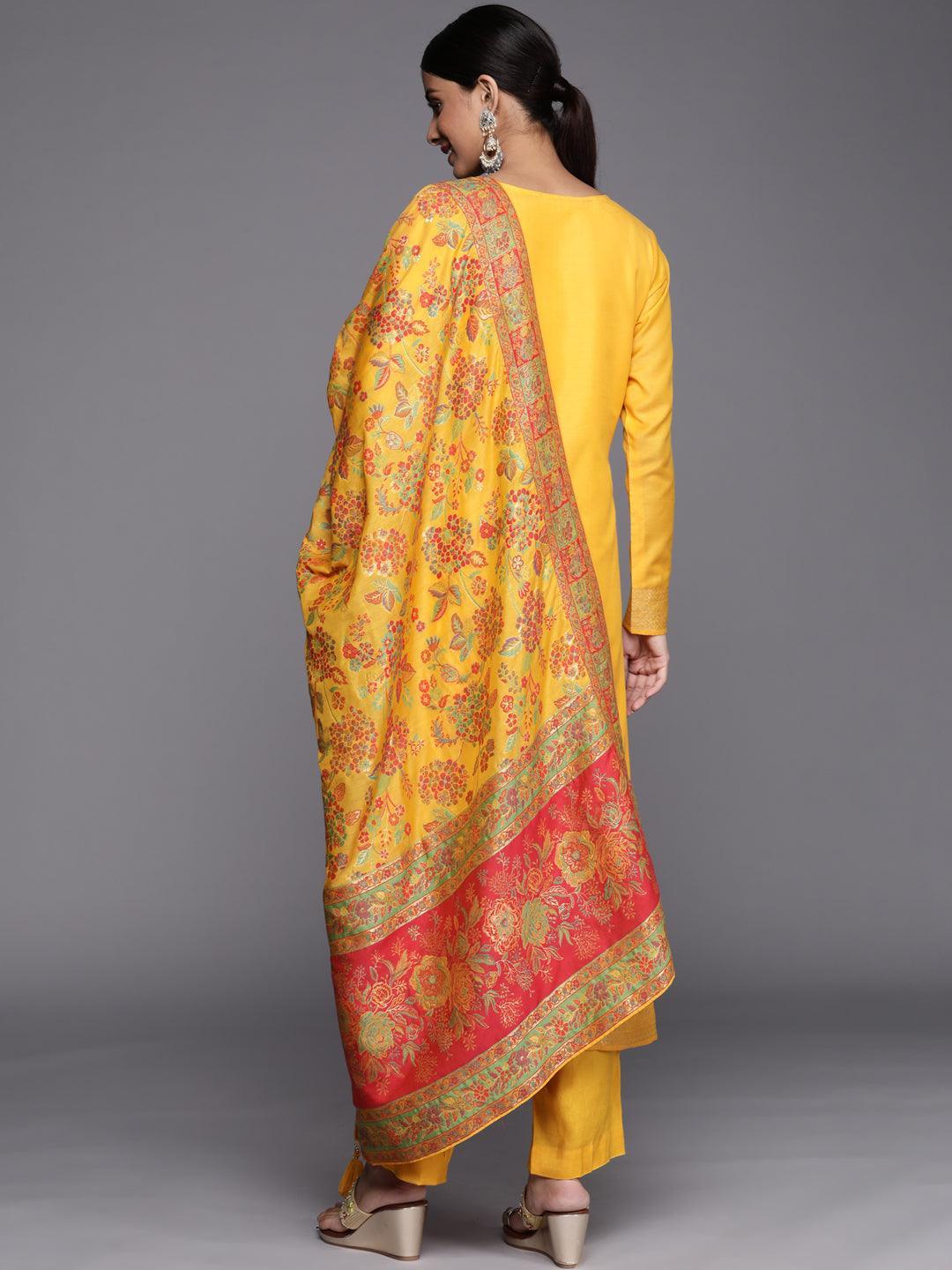 Yellow Self Design Silk Blend Straight Suit Set