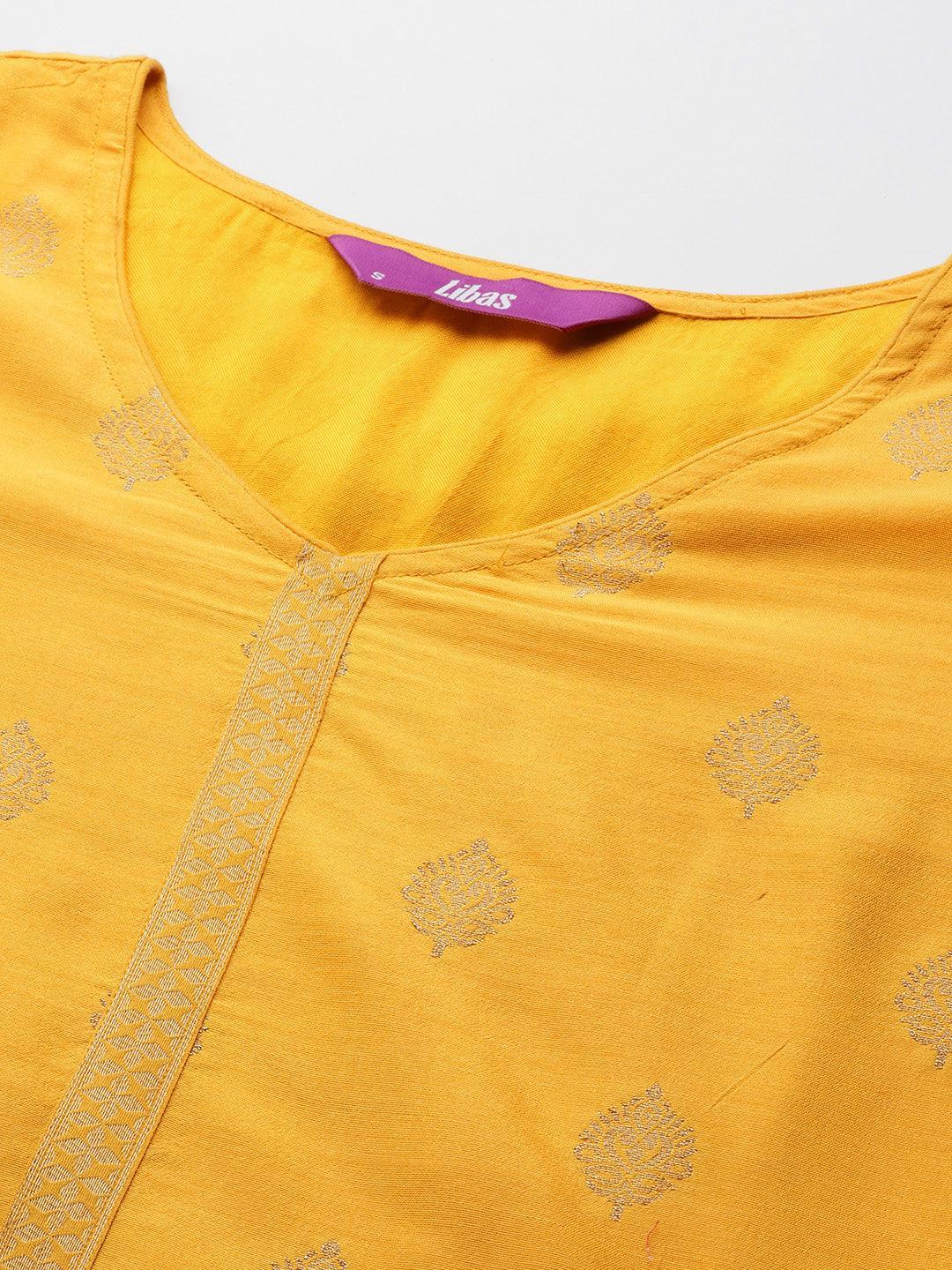 Yellow Self Design Silk Blend Straight Suit Set