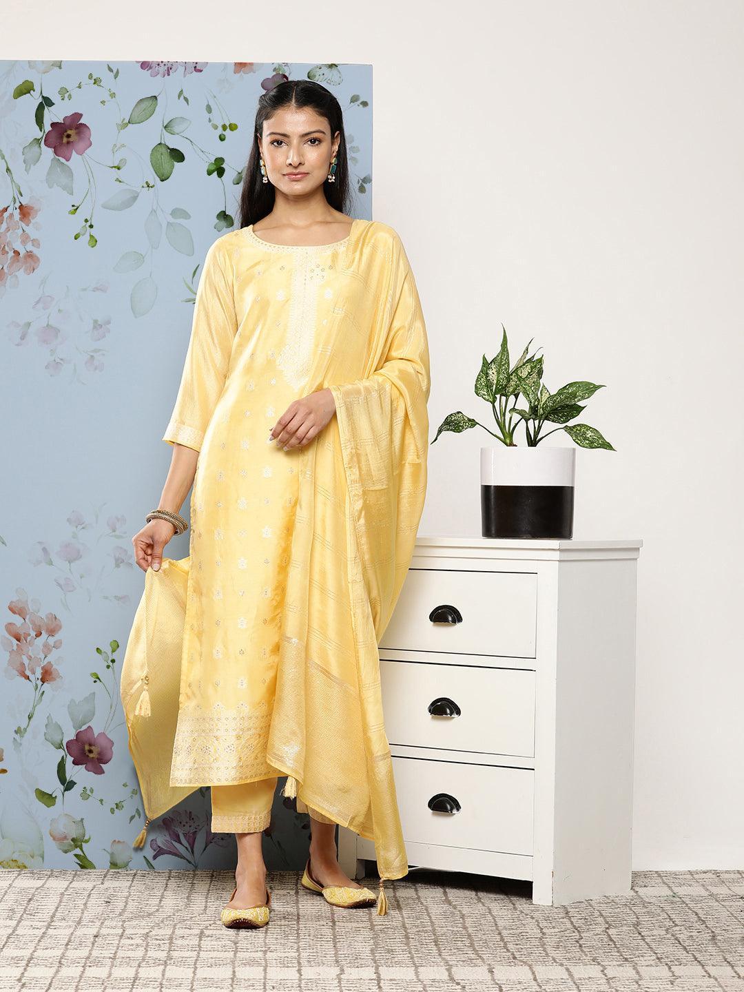 Yellow Self Design Silk Blend Suit Set With Trousers