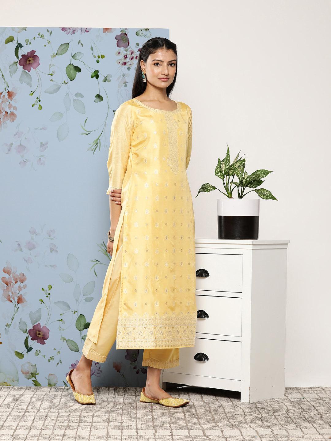 Yellow Self Design Silk Blend Suit Set With Trousers