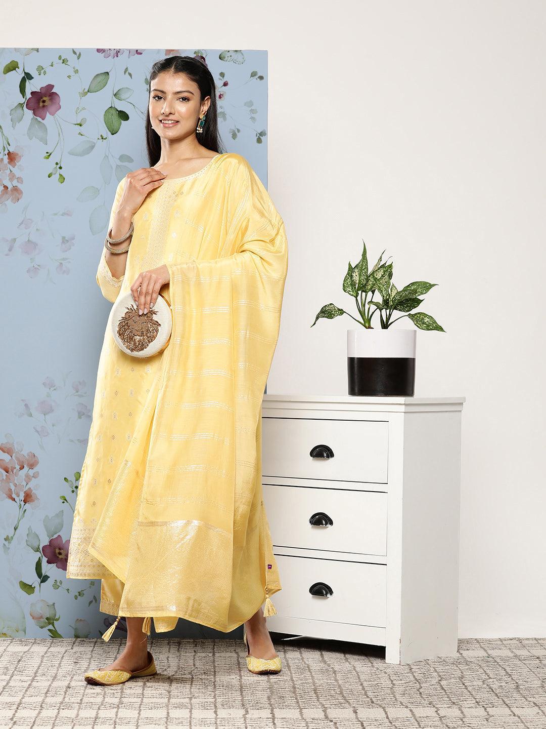 Yellow Self Design Silk Blend Suit Set With Trousers