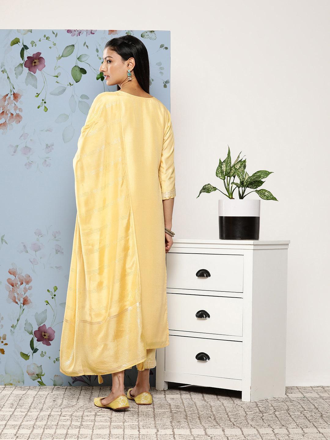 Yellow Self Design Silk Blend Suit Set With Trousers