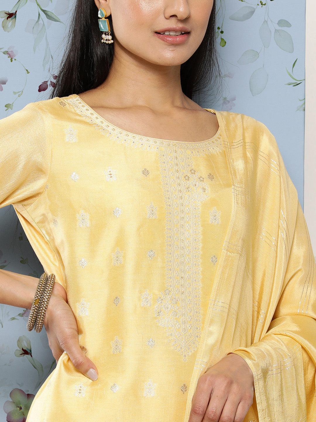 Yellow Self Design Silk Blend Suit Set With Trousers