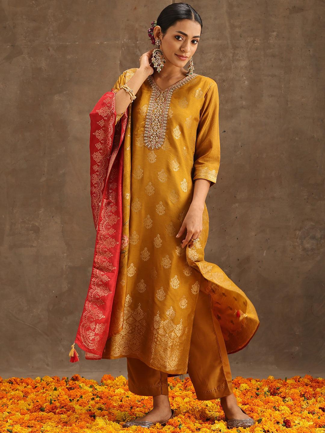 Yellow Self Design Silk Suit Set With Trousers - ShopLibas