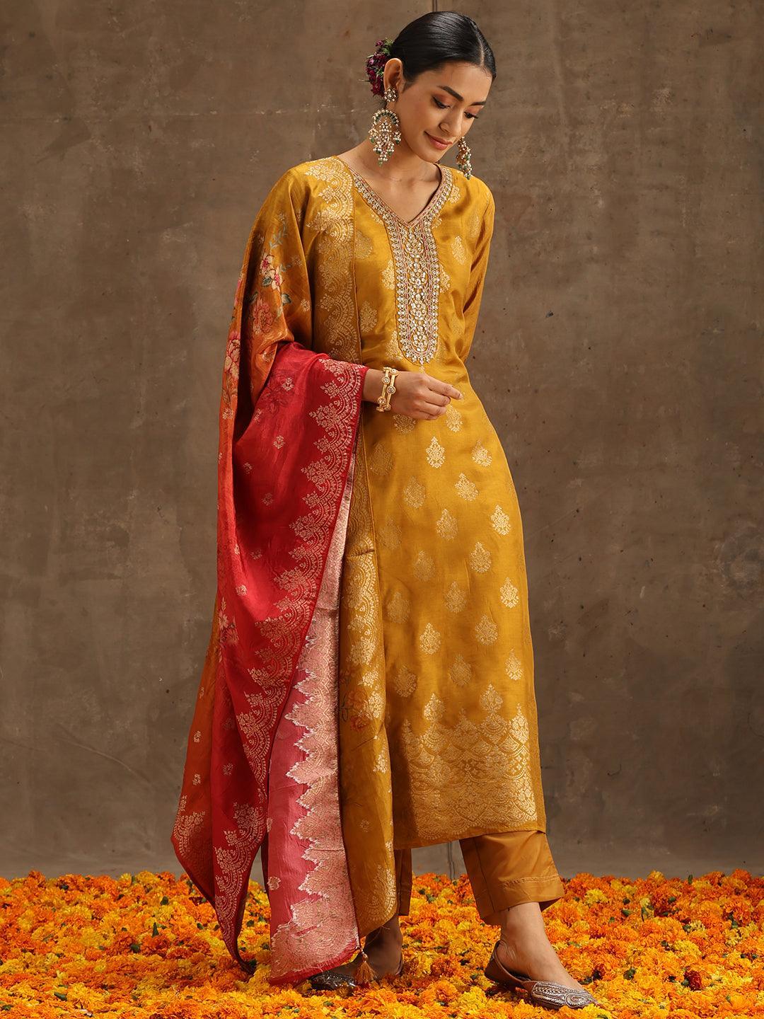 Yellow Self Design Silk Suit Set With Trousers - ShopLibas