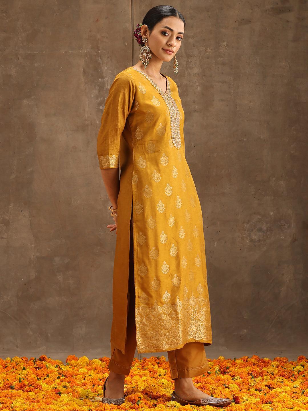 Yellow Self Design Silk Suit Set With Trousers - ShopLibas