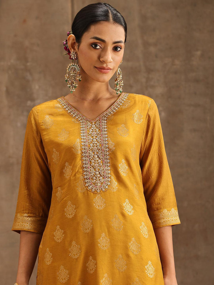 Yellow Self Design Silk Suit Set With Trousers - ShopLibas