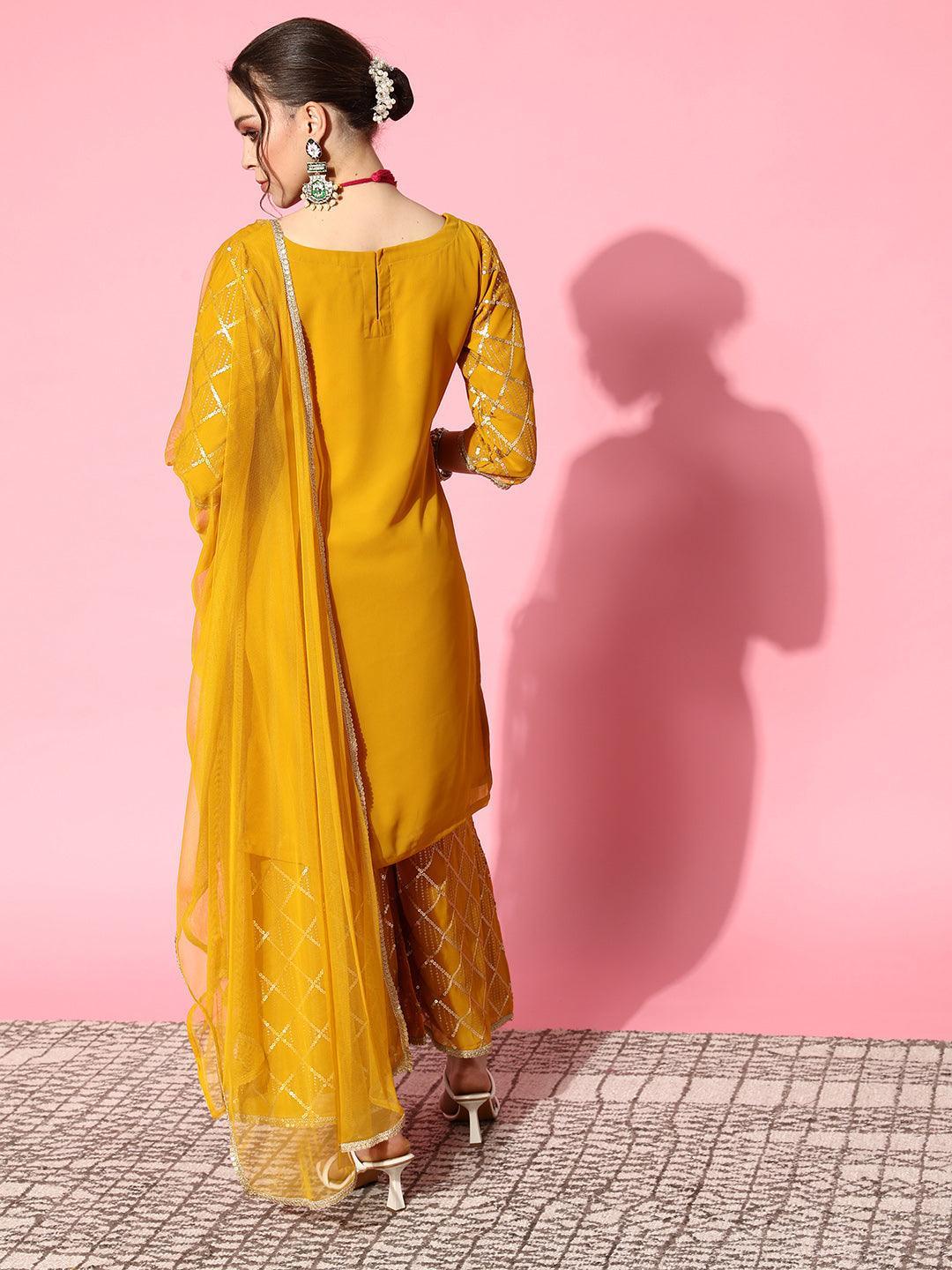 Yellow Solid Georgette Straight Kurta With Palazzos & Dupatta