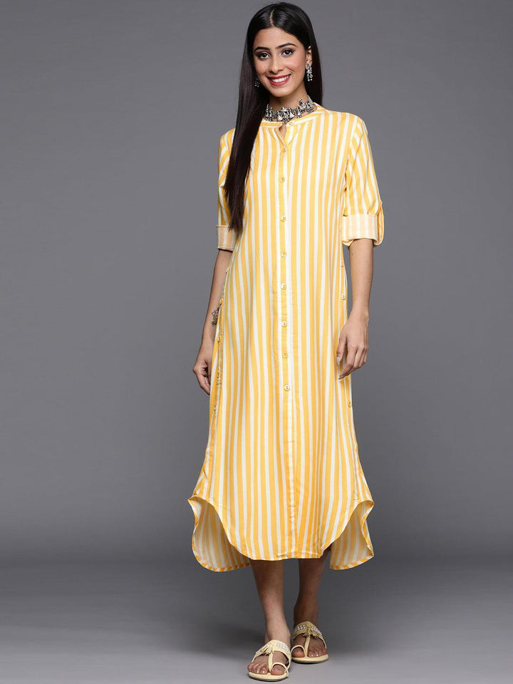 Yellow Striped Rayon Dress - ShopLibas