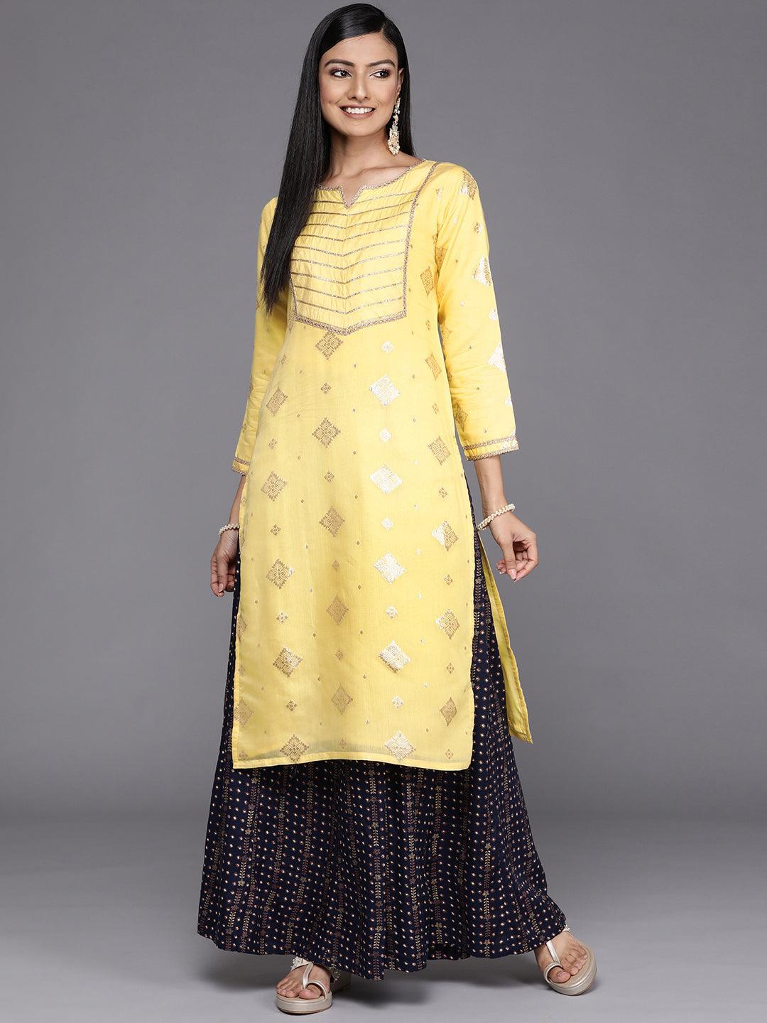 Yellow Woven Design Chanderi Silk Straight Kurta - ShopLibas