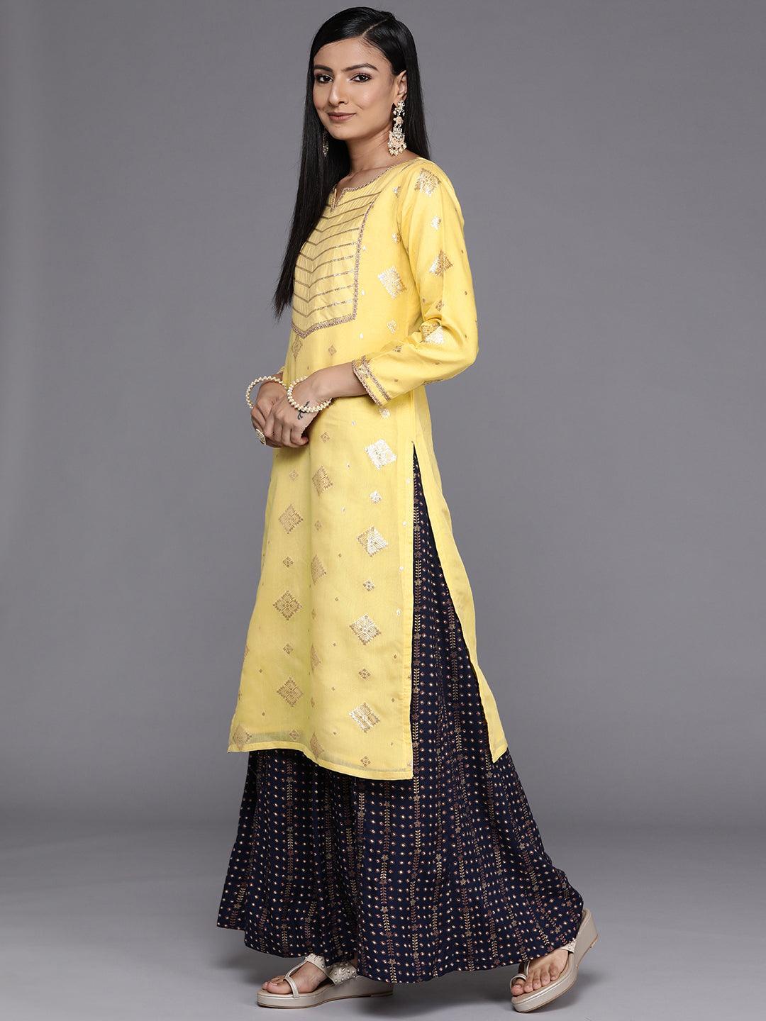 Yellow Woven Design Chanderi Silk Straight Kurta