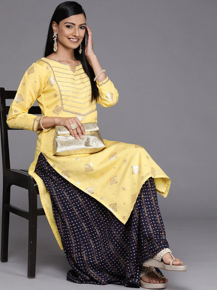 Yellow Woven Design Chanderi Silk Straight Kurta - ShopLibas