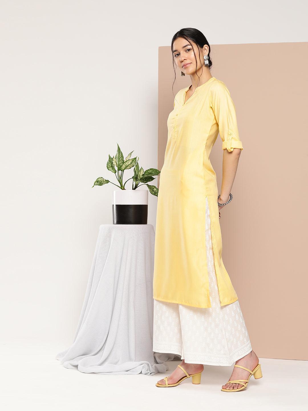 Yellow Woven Design Cotton Straight Kurta - ShopLibas