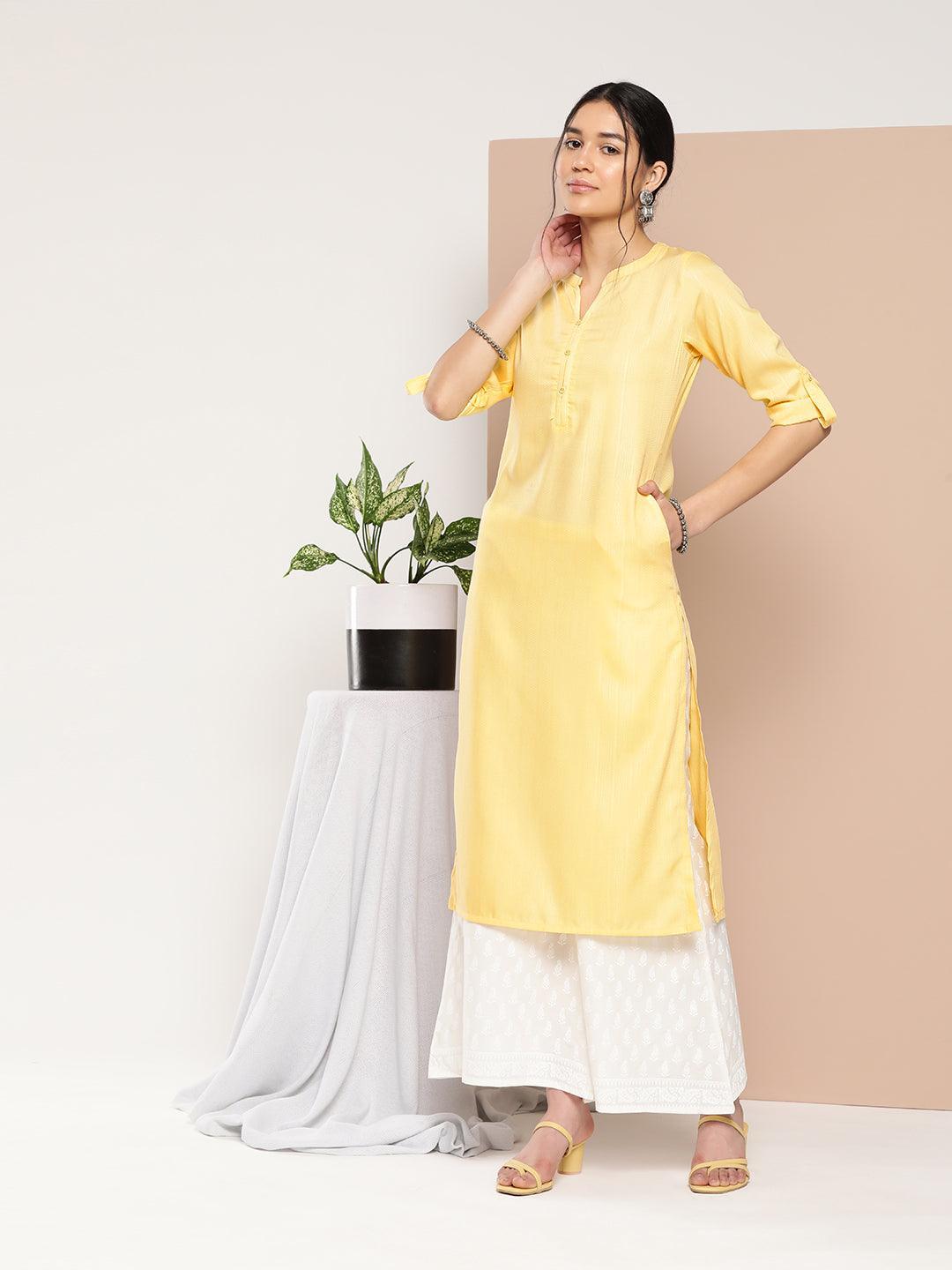 Yellow Woven Design Cotton Straight Kurta - ShopLibas