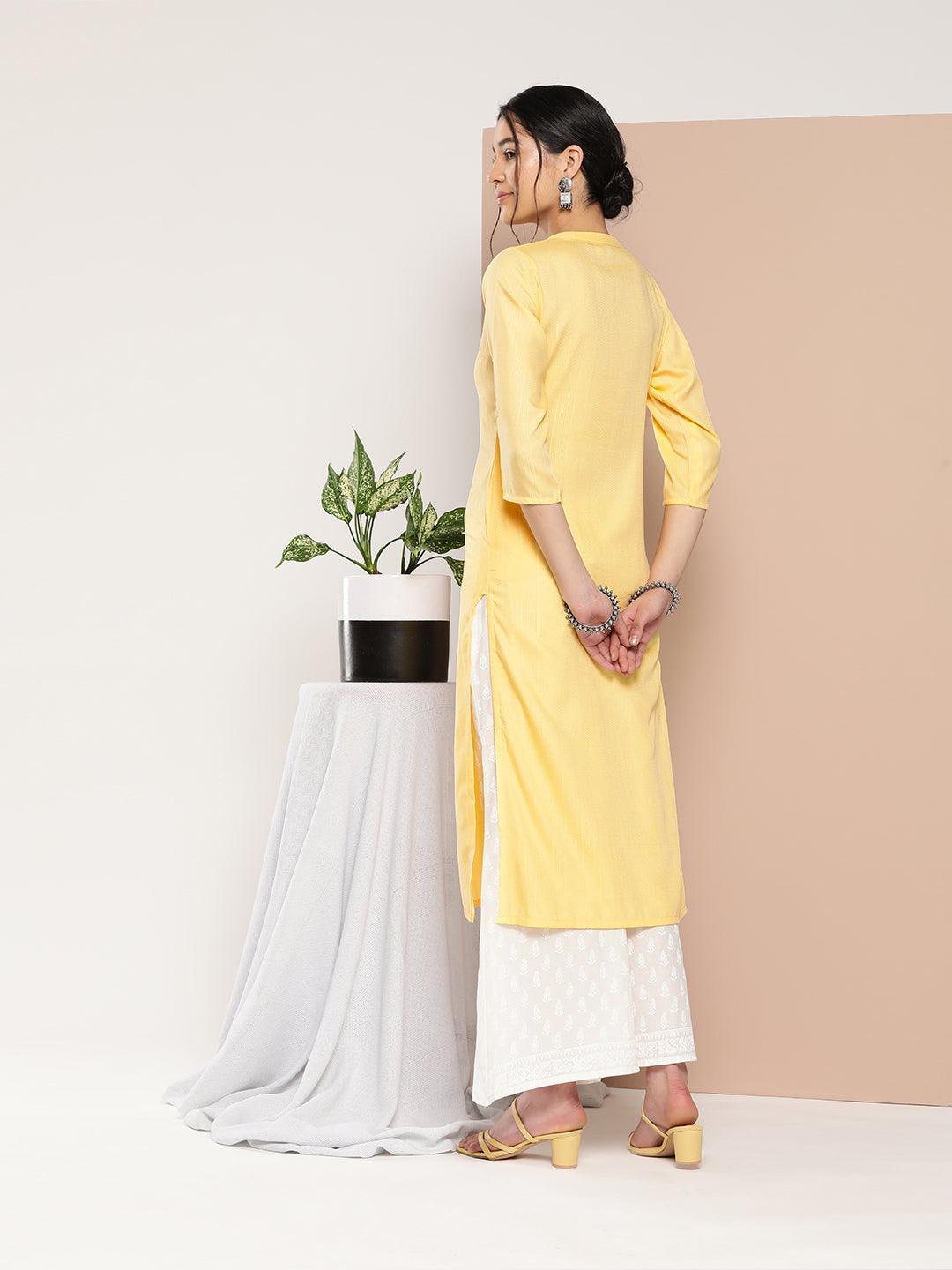 Yellow Woven Design Cotton Straight Kurta - ShopLibas