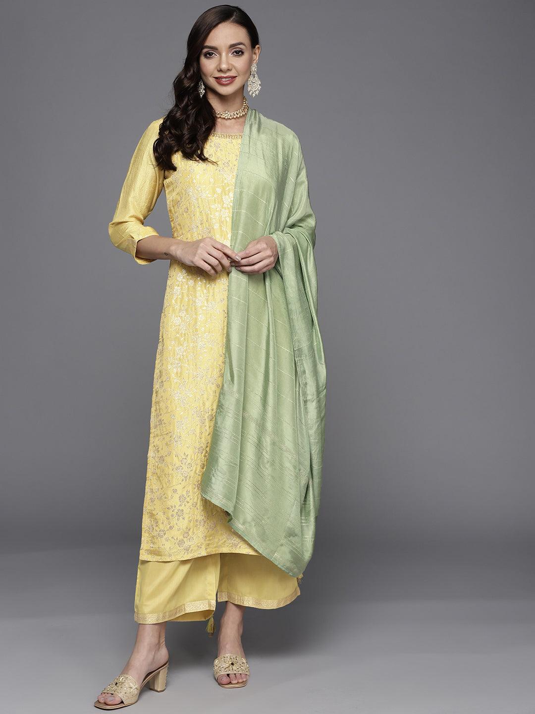 Yellow Woven Design Silk Blend Straight Suit Set