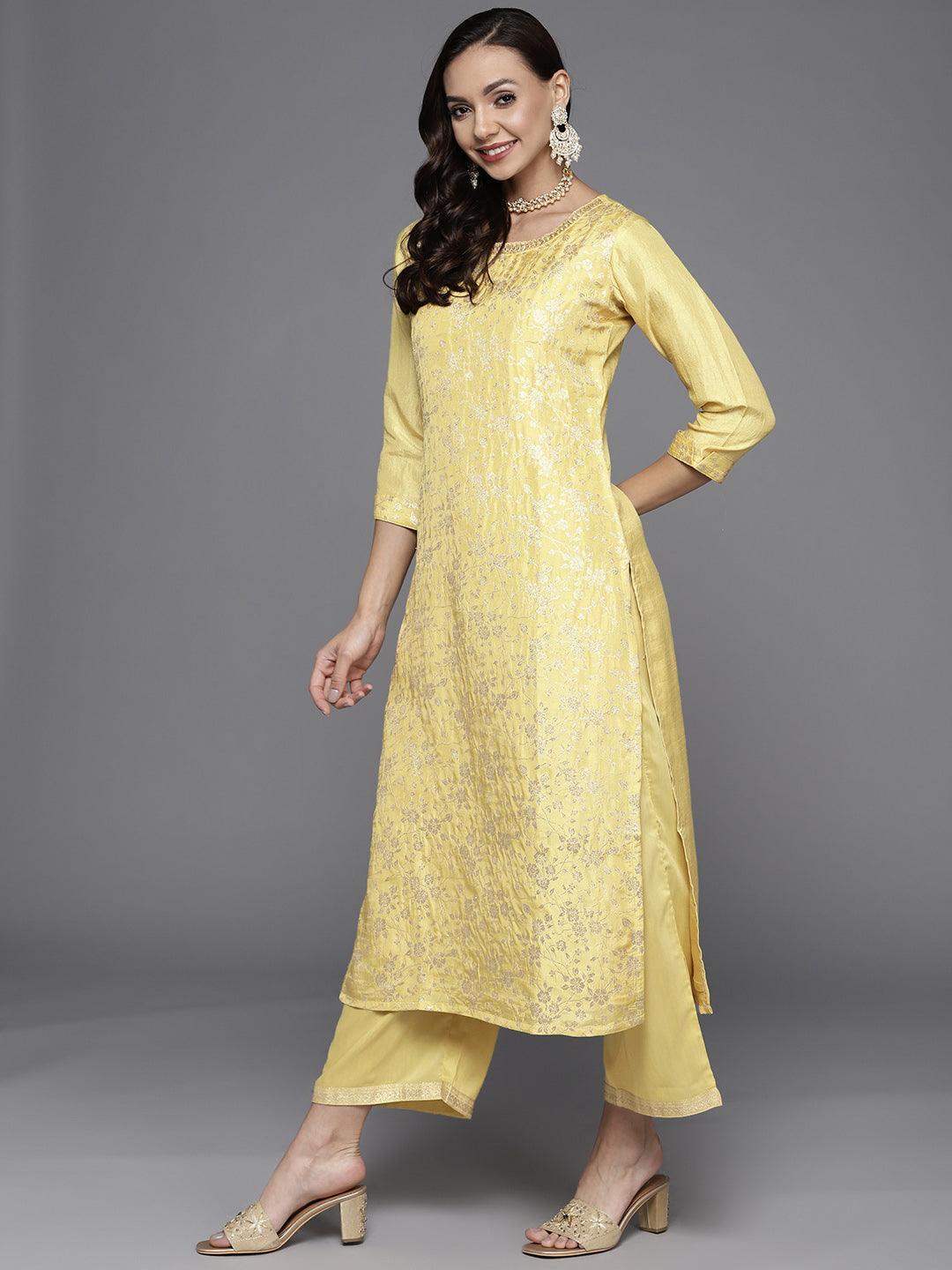 Yellow Woven Design Silk Blend Straight Suit Set