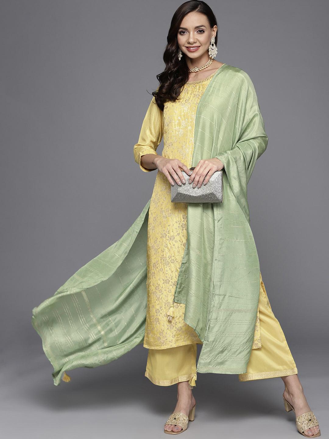 Yellow Woven Design Silk Blend Straight Suit Set - ShopLibas