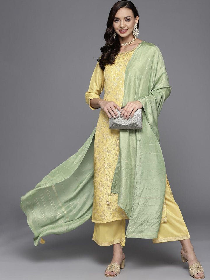 Yellow Woven Design Silk Blend Straight Suit Set - ShopLibas