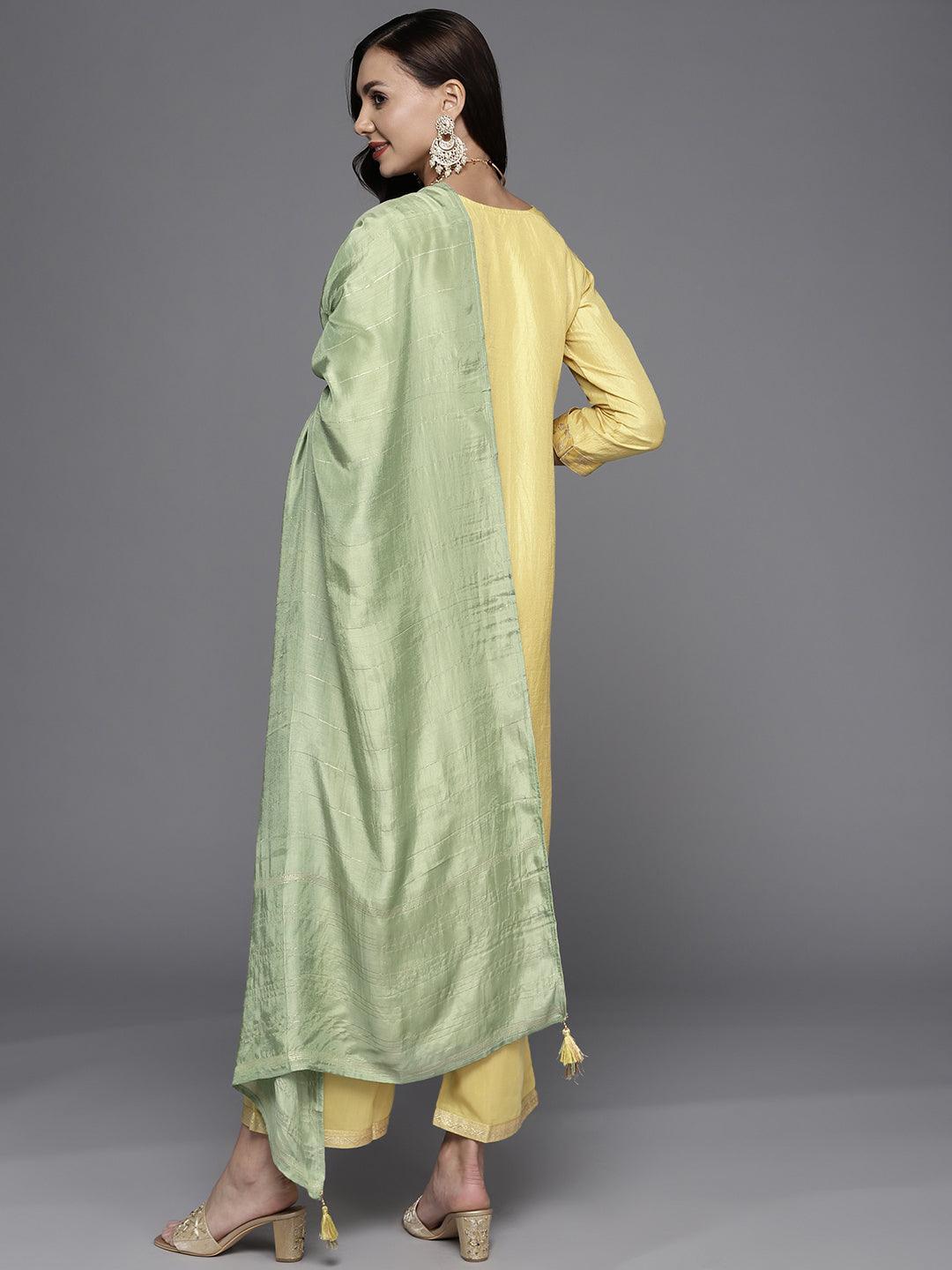 Yellow Woven Design Silk Blend Straight Suit Set