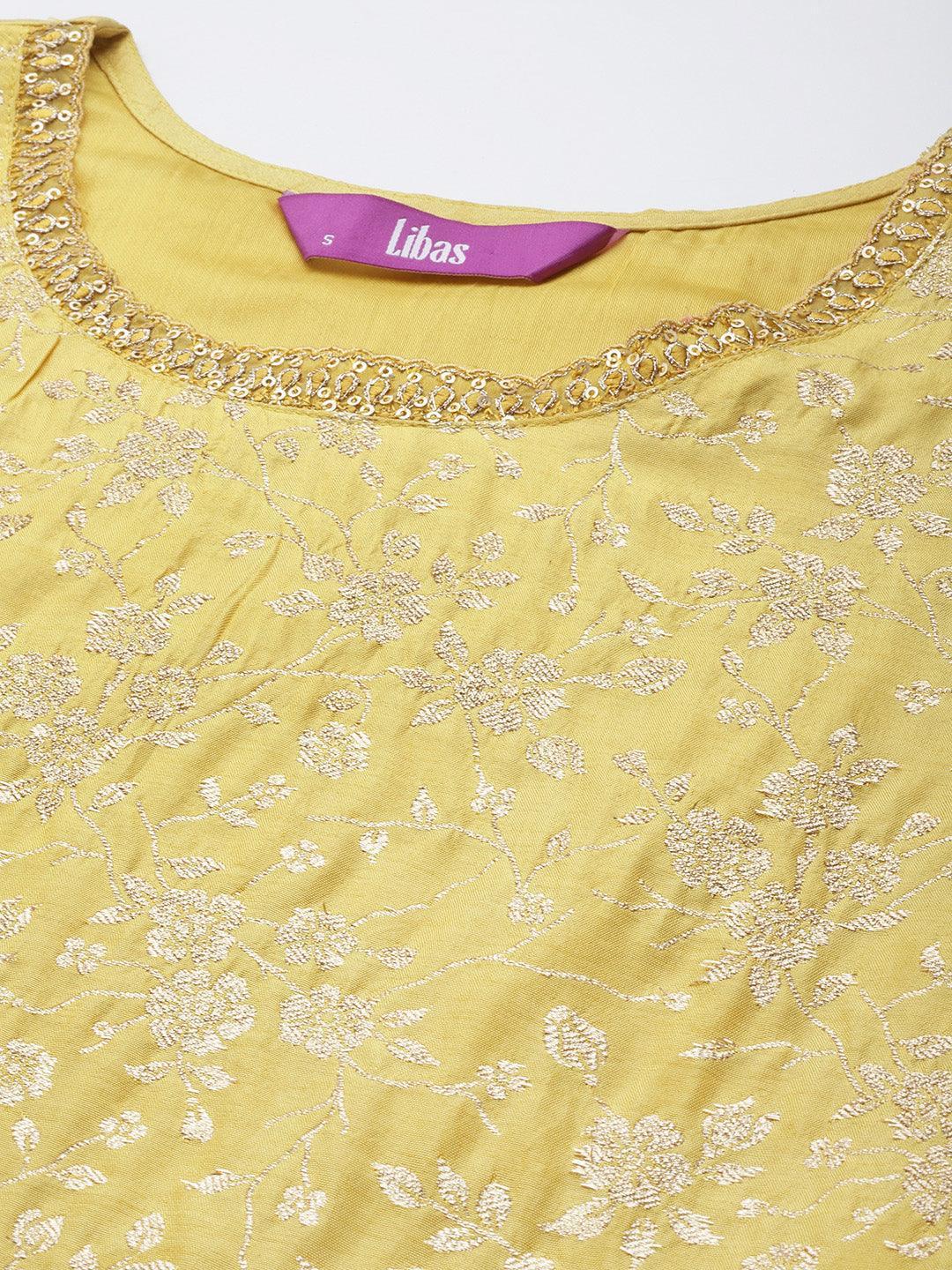 Yellow Woven Design Silk Blend Straight Suit Set