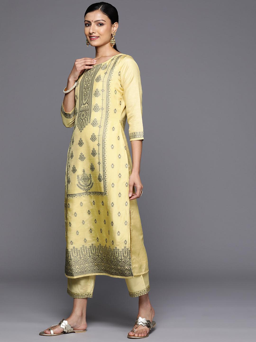 Yellow Woven Design Silk Blend Straight Kurta With Trousers & Dupatta