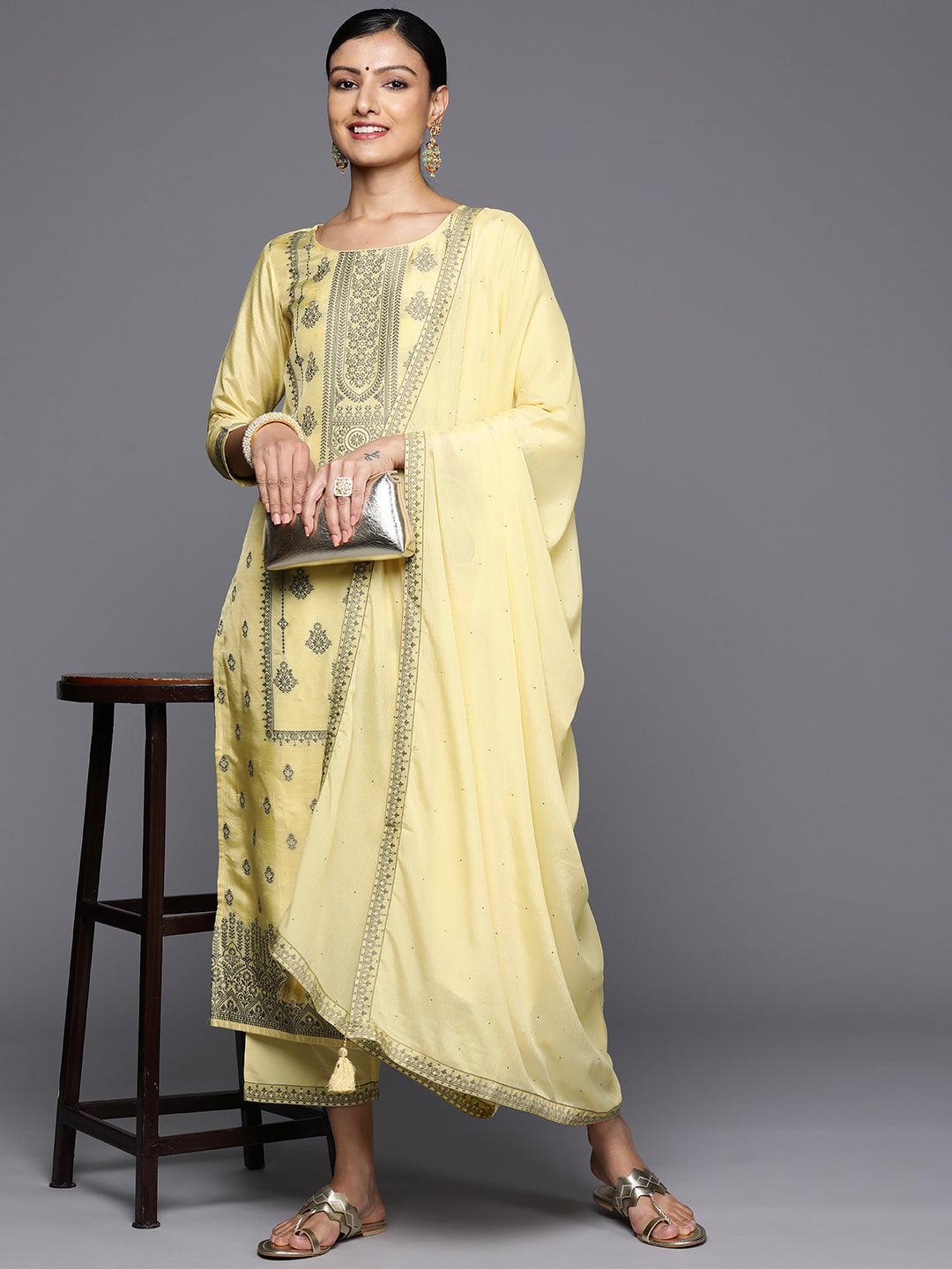 Yellow Woven Design Silk Blend Straight Kurta With Trousers & Dupatta